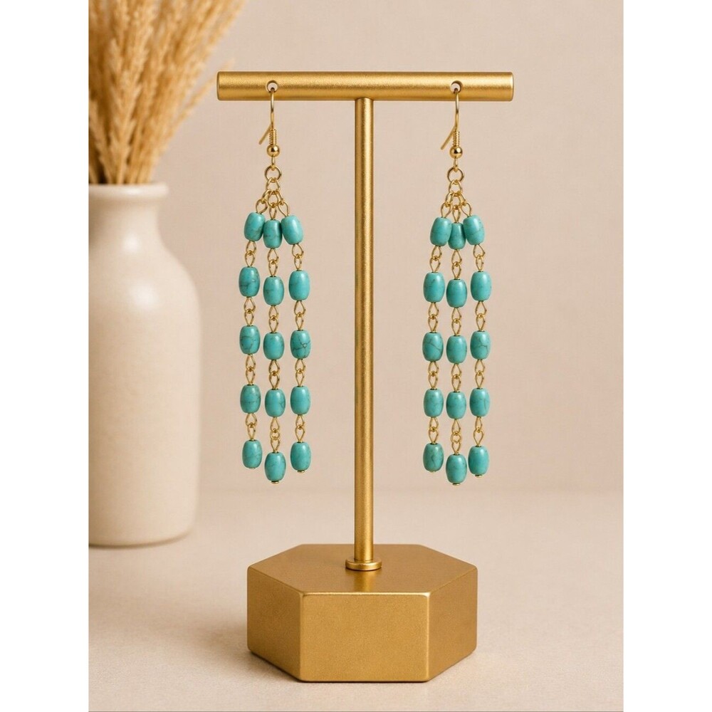 Plunder Designs turquoise beaded triple-chain dangle earrings